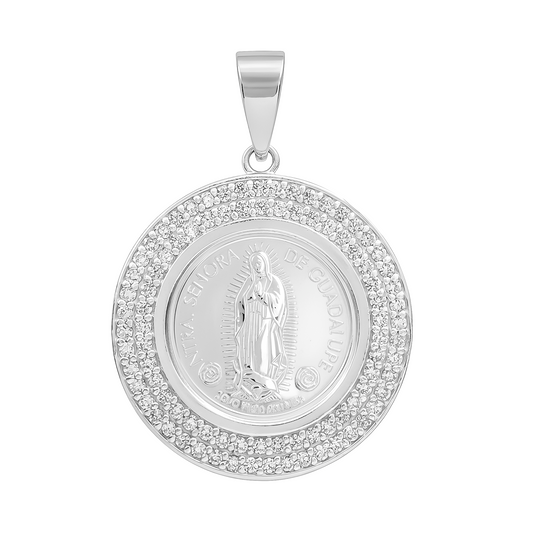 Dije Medalla Virgen Guadalupe Zirconias Doble Plata Pura 999 Plateado