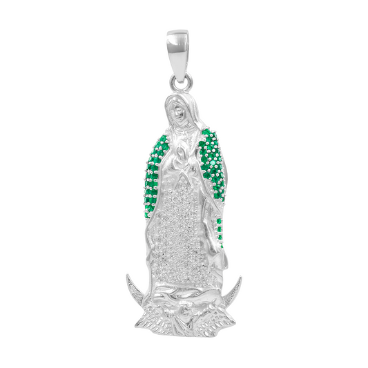 Dije Medalla Virgen Guadalupe Con Zirconias Plata 925 4.7 Cm Verde