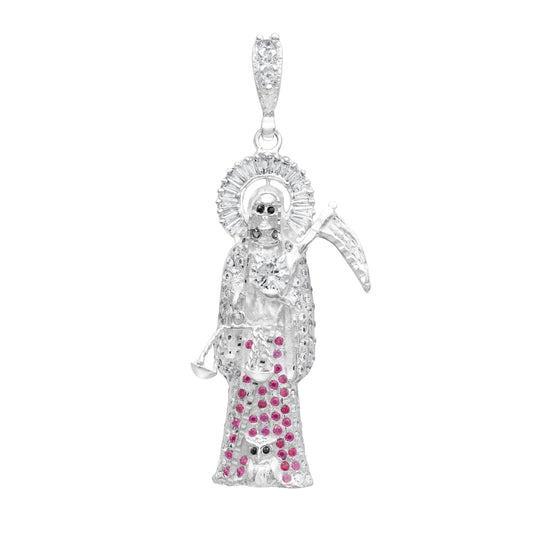 Joyaris Dije Santa Muerte 3d Grande Plata925 Hombre Zirconia Fucsia
