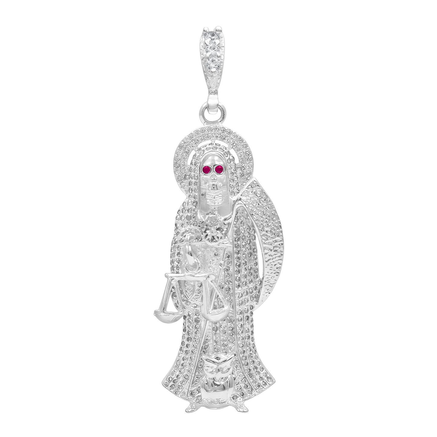 Dije Medalla Grande Santa Muerte Zirconias Plata 925 8.3 Cm - Blanco