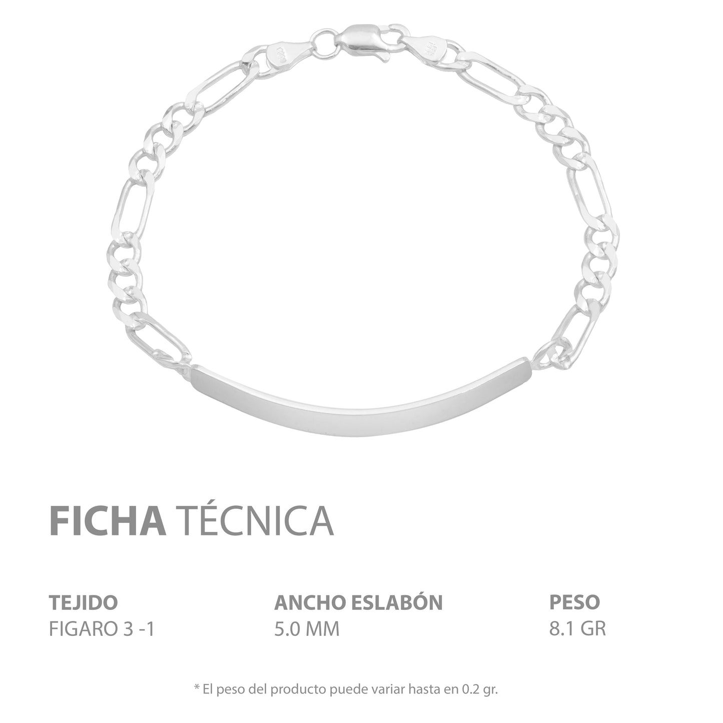 Esclava Placa Gruesa Figaro Diamantada Hombre Plata 925 5 Mm