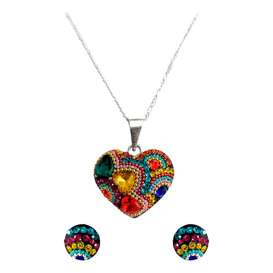 Collar Aretes Corazón Artesanal Chico Piedras Plata Ley 925