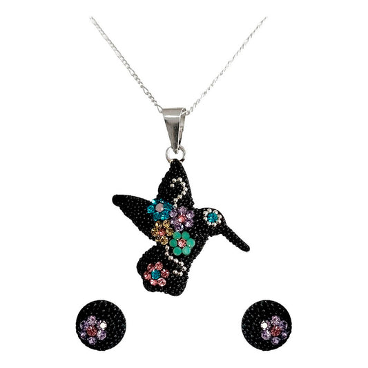 Collar Aretes Colibrí Artesanal Chico Piedras Plata Ley 925