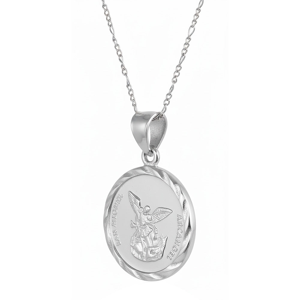 Collar San Miguel Arcangel Diamantado Mediano Plata Ley 925