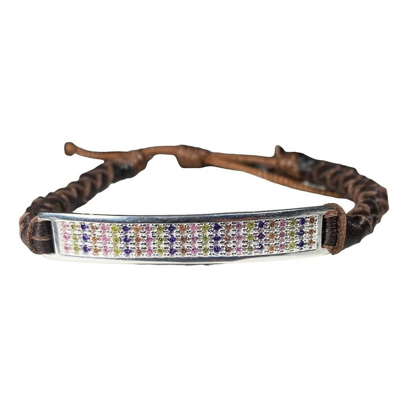 Pulsera Ajustable Unisex De Cuero Con Zirconias En Plata 925