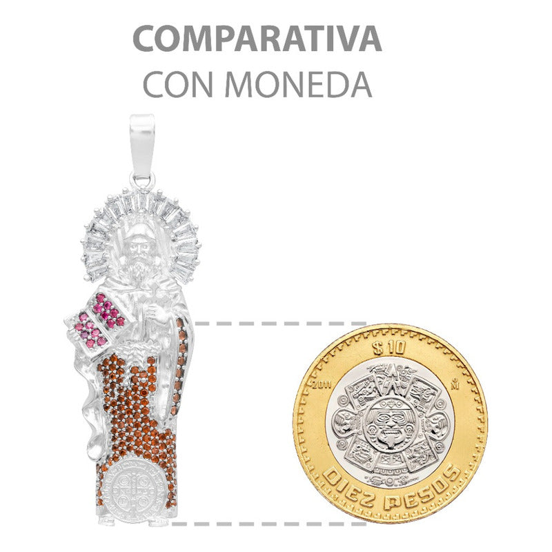 Dije Medalla San Benito Grande Protección Zirconia Plata 925 Café