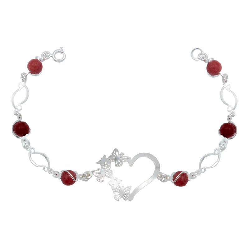 Pulsera Corazón Mariposas Piedra Natural Cuarzo Plata 925