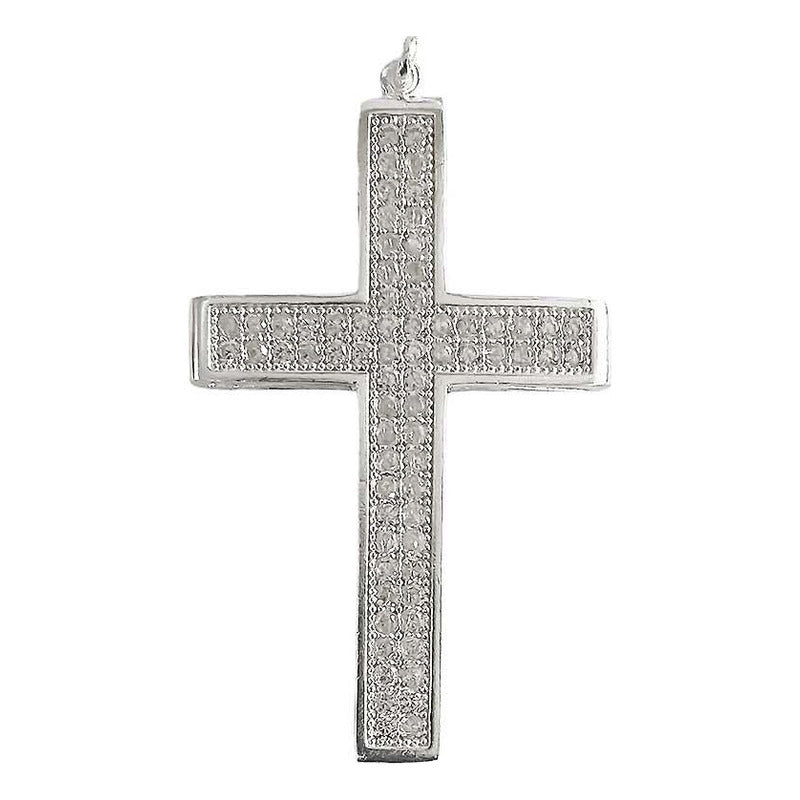 Dije Cruz Catolica Grande Zirconias Hombre Plata Ley 925 Blanco Alto/ancho 6.1 Cm X 2.9 Cm