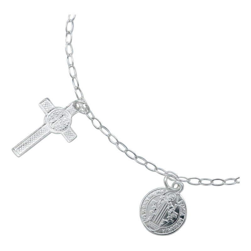 Pulsera Ajustable San Benito Pequeña Medallas Plata Ley 925