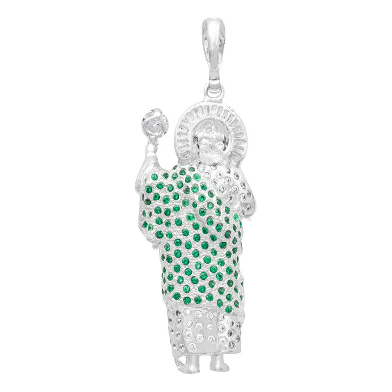 Dije 3d Medalla San Judas Tadeo Grande Zirconias Plata 925 Verde