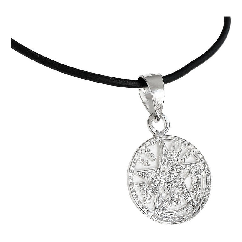 Collar Caucho Dije Medalla Tetragramaton Diamantado Plata925 Blanco
