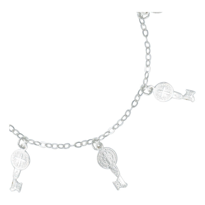 Pulsera Ajustable San Benito Pequeña Medallas Plata Ley 925