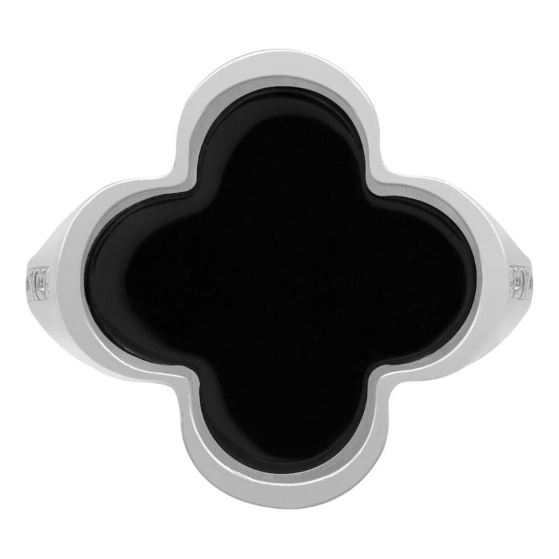 Anillo Grande Hombre Mujer Trebol Esmaltado Resina Plata 925 Negro 7.5