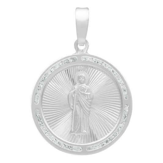 Dije Medalla Diamantada San Judas Zirconias Plata 925 2.3 Cm Blanco