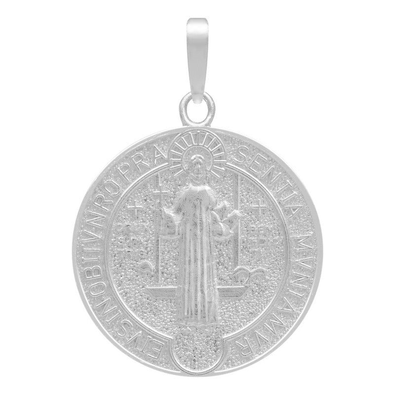 Dije Medalla Doble Vista San Benito Cruz Plata S925 2.5 Cm - Plateado