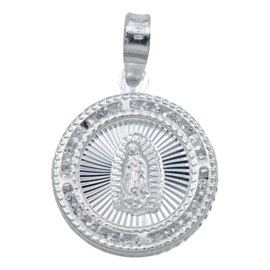 Mini Medalla Redonda Virgen Guadalupe Zirconias Plata 925 Blanco Alto/ancho 2.4 Cm X 1.6 Cm