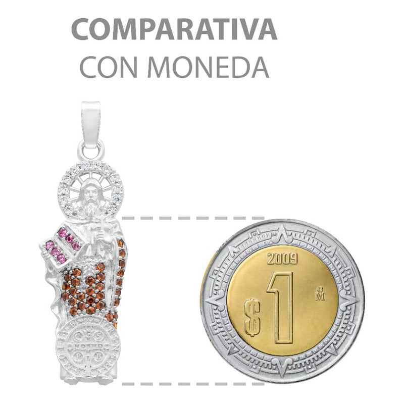 Dije Medalla San Benito Chico Protección Zirconias Plata 925 Café