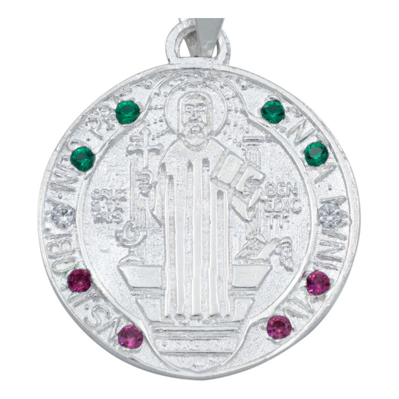 Dije Medalla Med San Benito Doble Vista Zirconias Plata 925