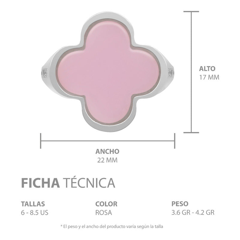 Anillo Grande Hombre Mujer Trebol Esmaltado Resina Plata 925 Rosa 7.5
