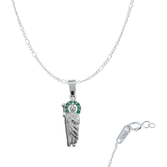 Dije Mini San Judas Tadeo Zirconias Con Cadena Plata 925 Verde Alto/ancho 3.4 Cm X 1 Cm