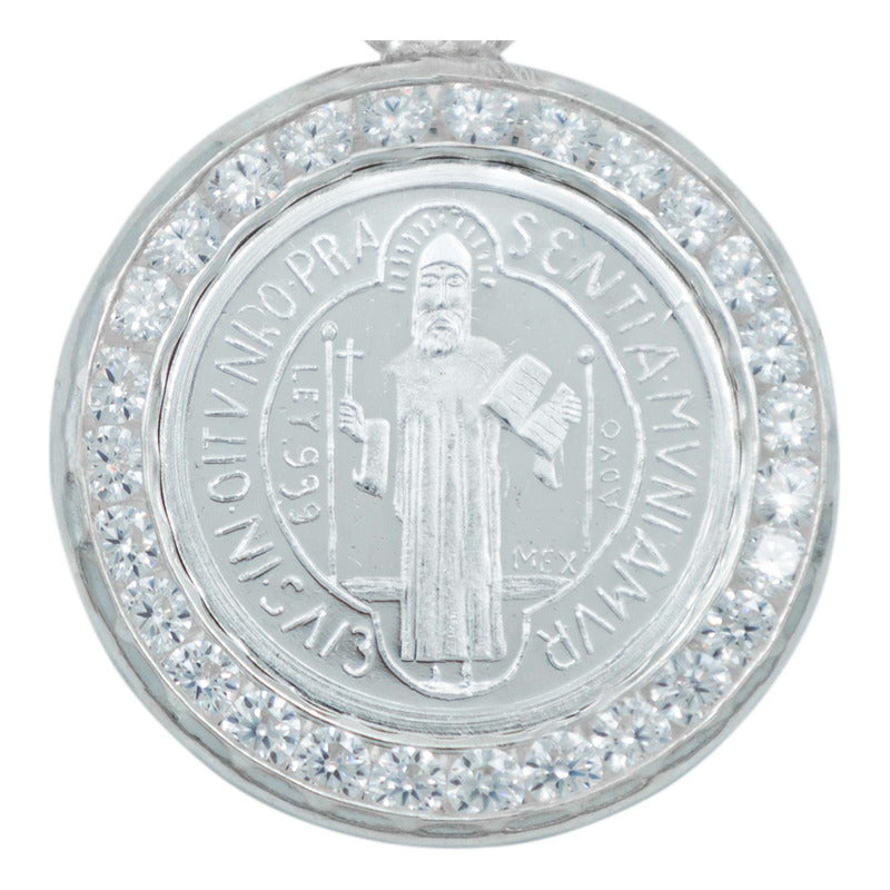 Dije Medalla San Benito Mediana Zirconias Plata Pura 999
