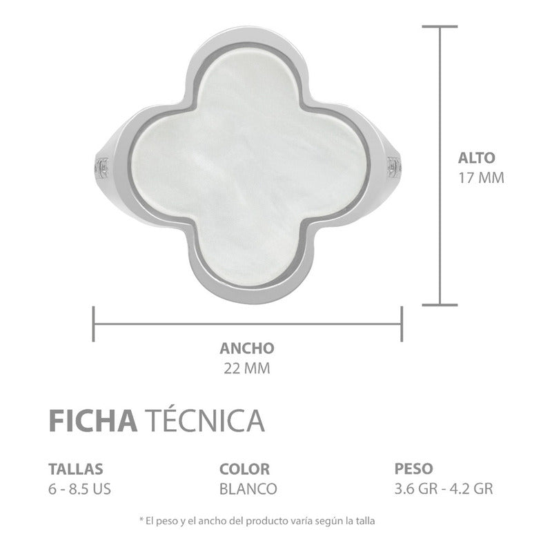 Anillo Grande Hombre Mujer Trebol Esmaltado Resina Plata 925 Blanco 7.5