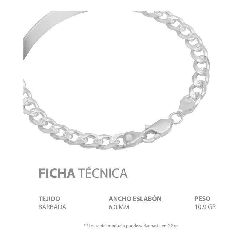 Esclava Placa Gruesa Cubana Diamantada Hombre Plata 925 6 Mm
