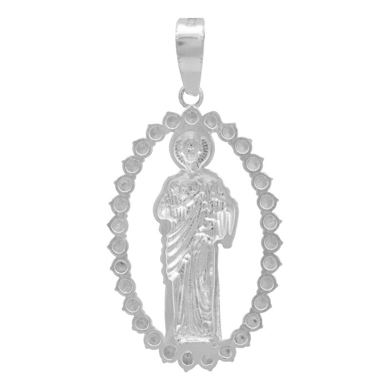 Dije San Judas Liso Borde Zirconias Hombre Plata 925 3.7 Cm