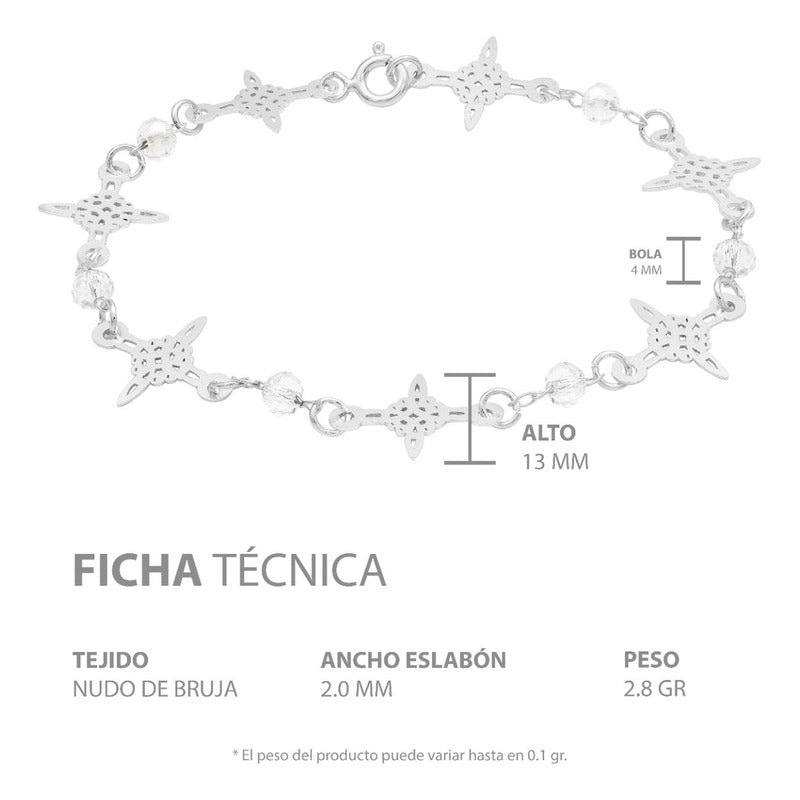 Pulsera Nudo De Bruja Laser Cristales Regalo Mujer Plata 925 Blanco 19 Cm