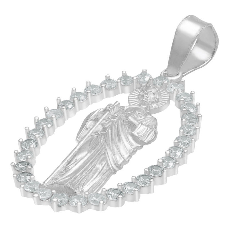 Dije San Judas Liso Borde Zirconias Hombre Plata 925 3.7 Cm