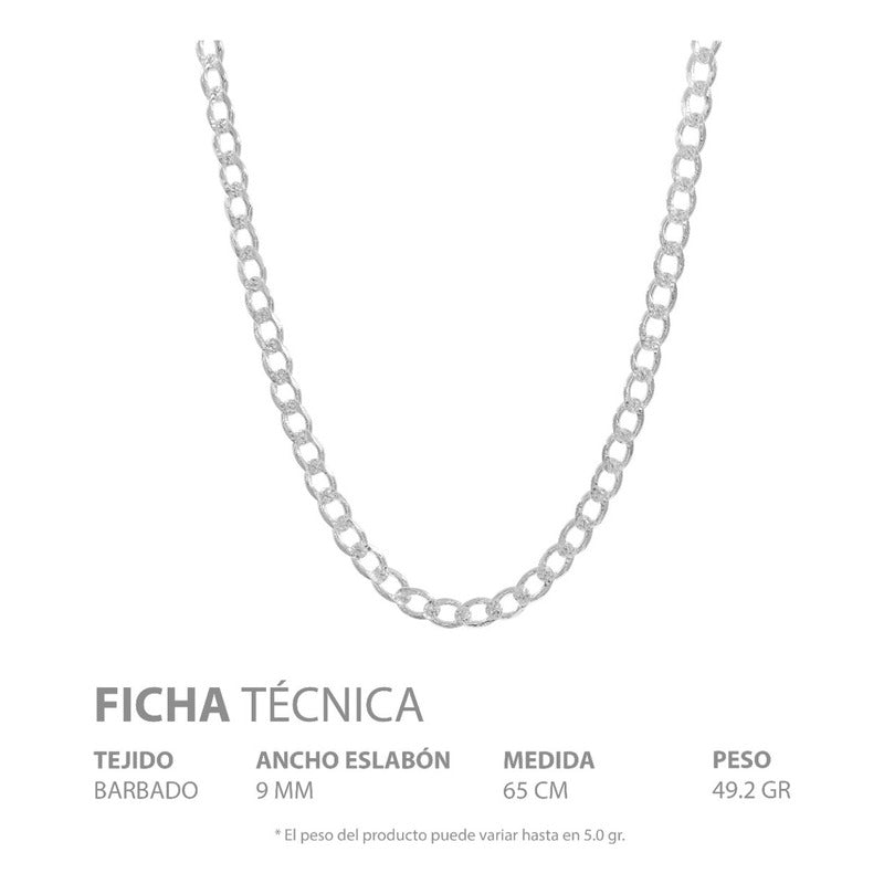 Cadena Cubana Diamantada Barbada Hombre Plata925 65cm X 9mm Plateado