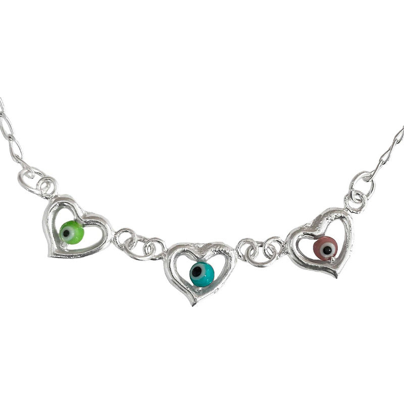 Pulsera Ajustable Corazón Ojo Turco Amor Dama Plata Ley 925