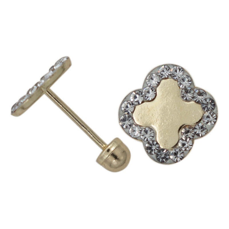Broquel Trebol Zirconias Flor Corridos Tumbados Oro 10k 8 Mm