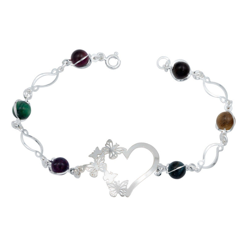 Pulsera Corazón Mariposas Piedra Natural Cuarzo Plata 925