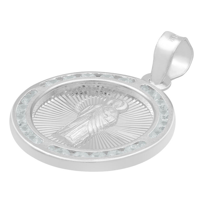 Dije Medalla Diamantada San Judas Zirconias Plata 925 1.8 Cm Blanco