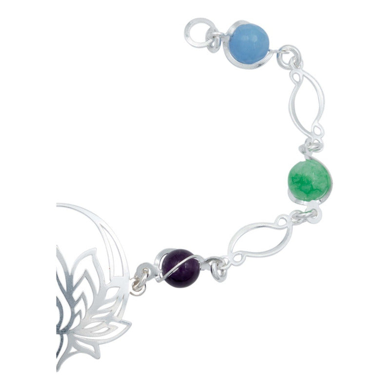 Pulsera Flor De Loto Piedra Natural Cuarzo Mujer Plata 925