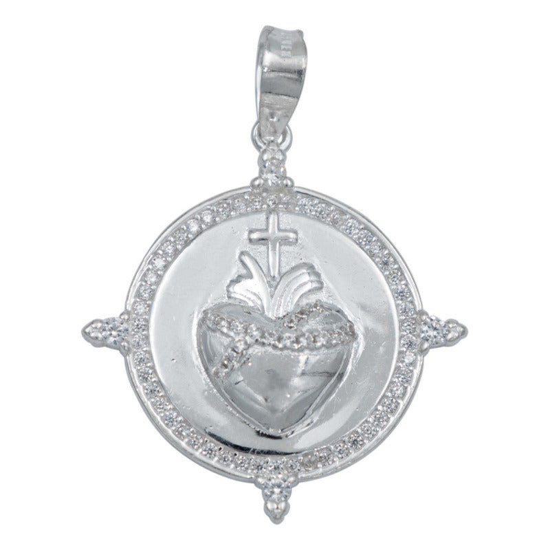 Dije Medalla Sagrado Corazón Liso Zirconias Plata 925