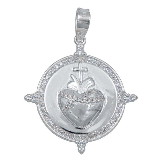 Dije Medalla Sagrado Corazón Liso Zirconias Plata 925 Blanco