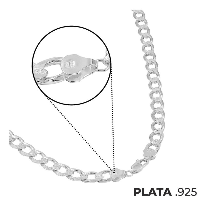 Cadena Cubana Diamantada Barbada Hombre Plata925 65cm X 9mm Plateado