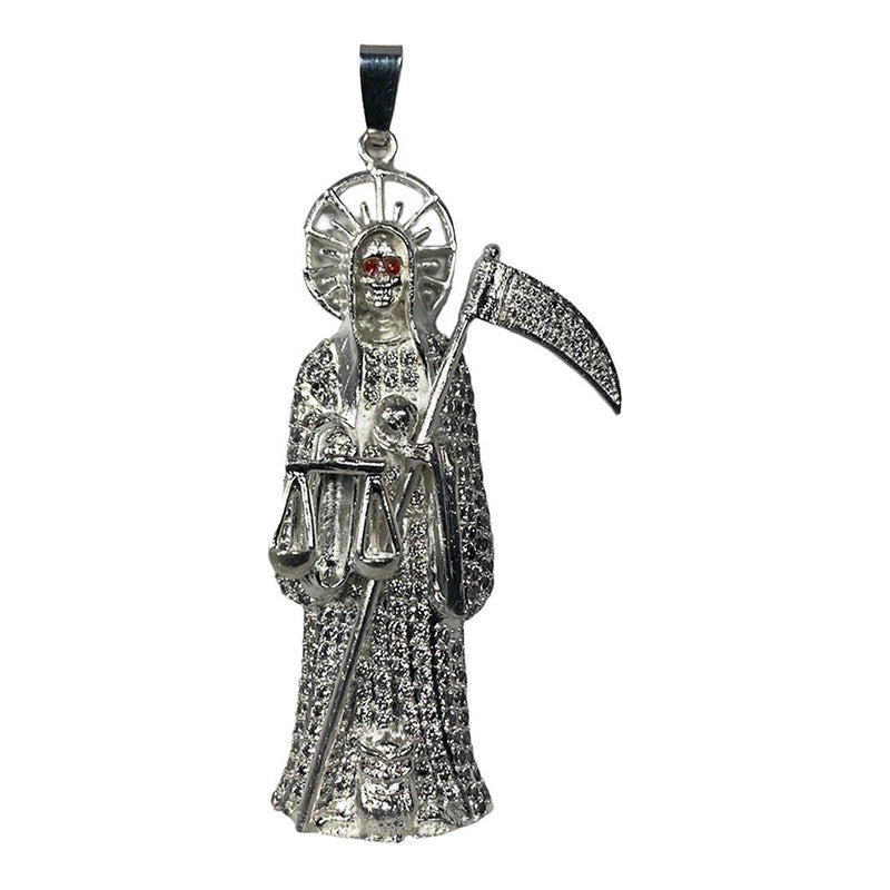Dije Medalla Gigante Santa Muerte Con Zirconias En Plata 925