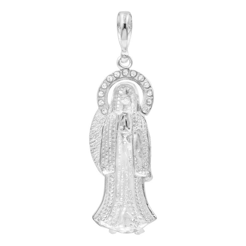 Dije Medalla Grande Santa Muerte Zirconias Plata 925 7.7 Cm Blanco