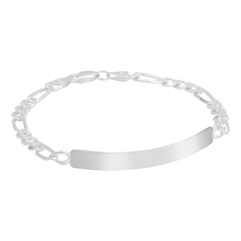 Esclava Placa Gruesa Figaro Diamantada Hombre Plata 925 5 Mm