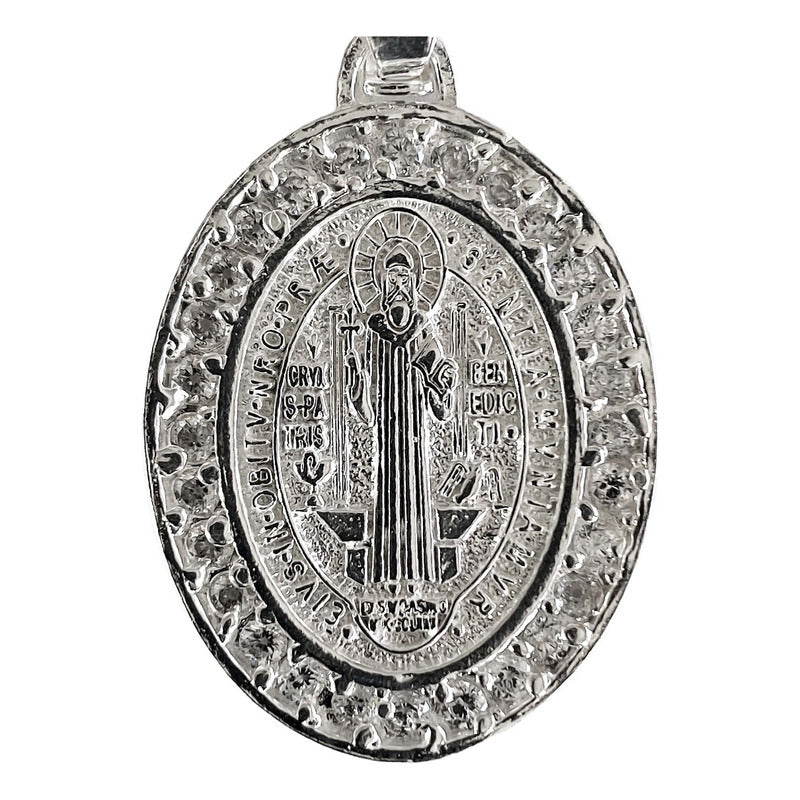 Dije Ovalo Mediano San Benito Doble Vista Zirconia Plata 925 52053