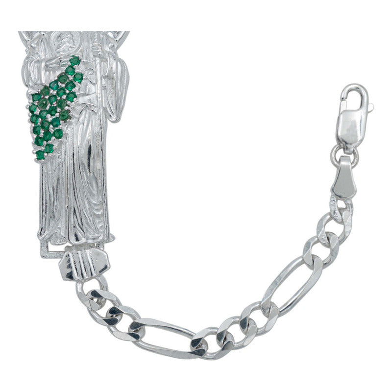 Pulsera San Judas Corona Grande Zirconias Hombre Plata 925 Verde 6 Cm 19 Cm