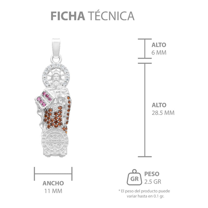 Dije Medalla San Benito Chico Protección Zirconias Plata 925 Café