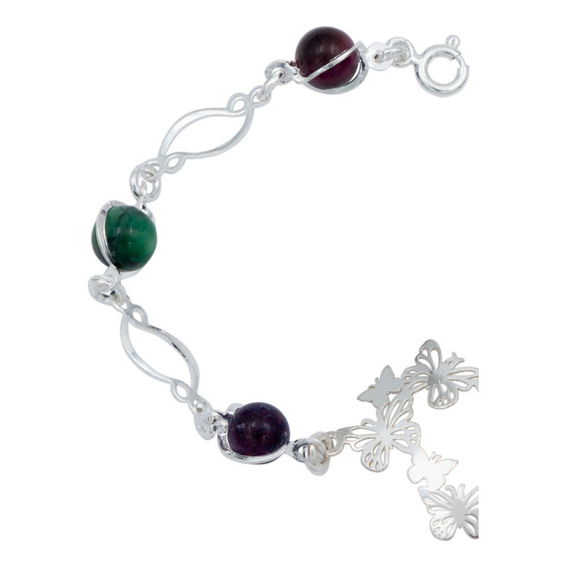 Pulsera Corazón Mariposas Piedra Natural Cuarzo Plata 925