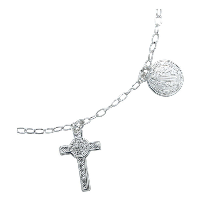 Pulsera Ajustable San Benito Pequeña Medallas Plata Ley 925