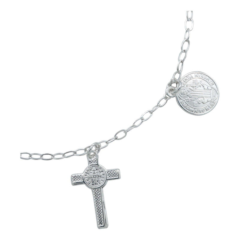 Pulsera Ajustable San Benito Pequeña Medallas Plata Ley 925