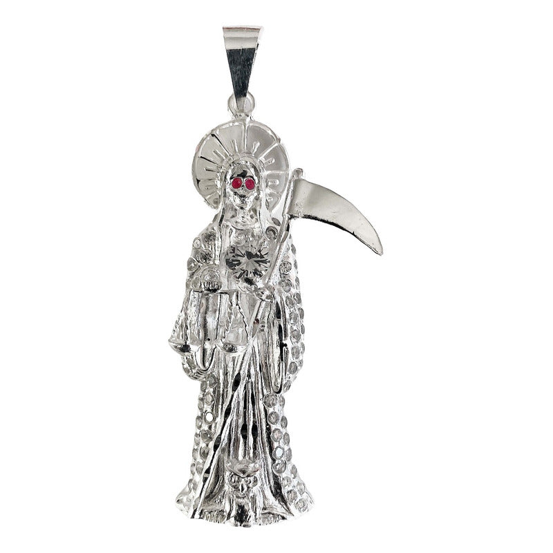 Dije Medalla Gigante Santa Muerte Con Zirconias En Plata 925