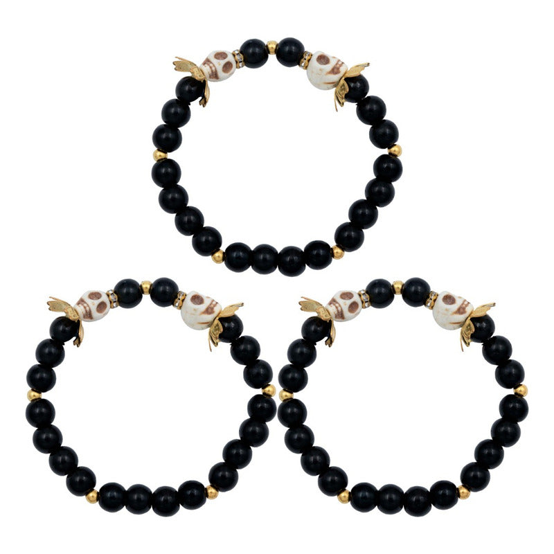 3 Piezas Pulsera Craneo Santa Muerte Flor Artesanal Unisex